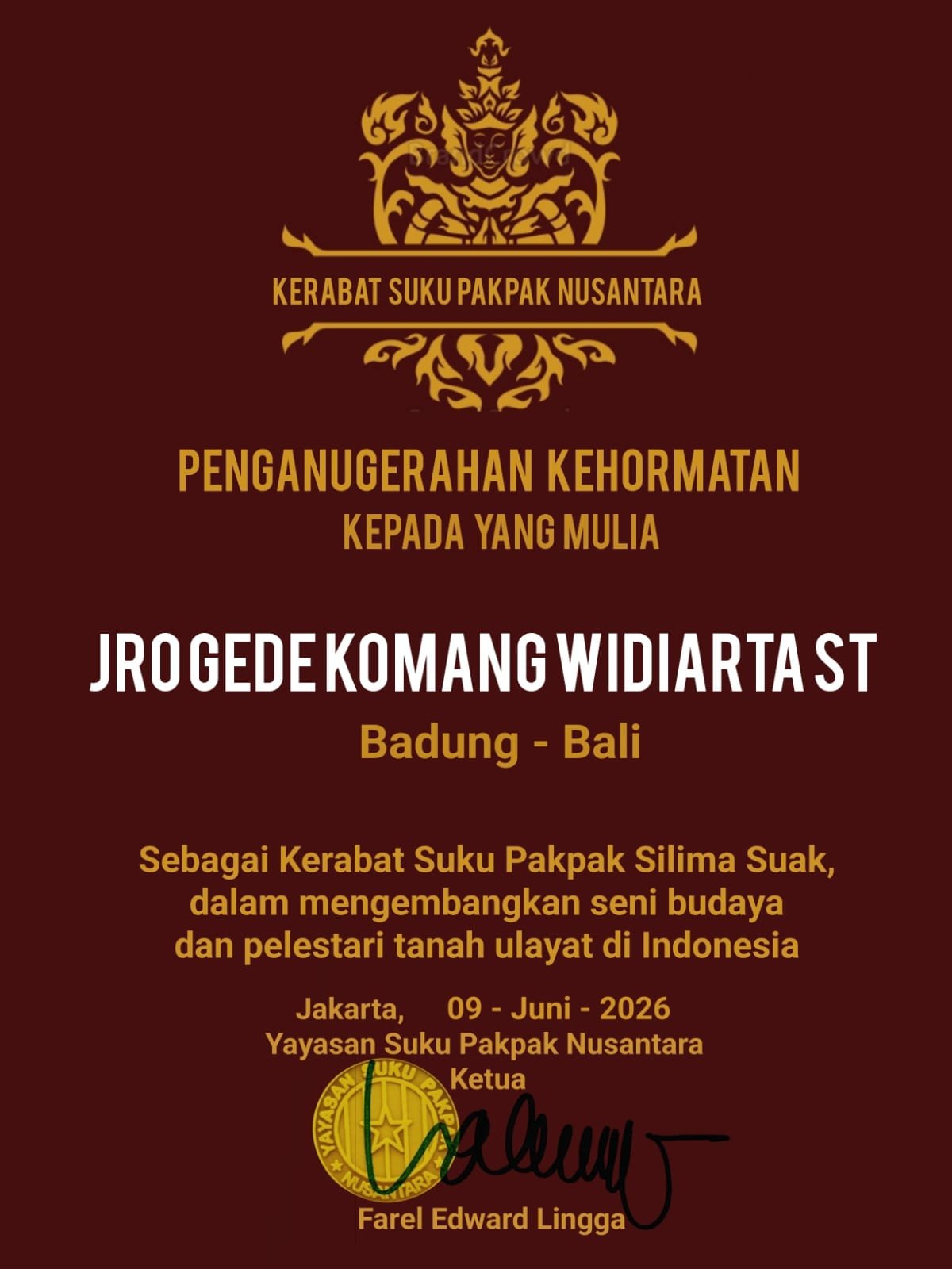 Simbol Persatuan Lintas Budaya, Jro Gede Komang Widiarta ST Terima Anugerah Kehormatan dari Suku Pakpak Nusantara