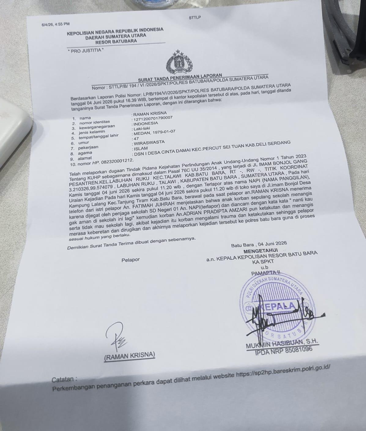 Orang Tua Siswa SD Negeri 01 Labuhan Ruku Laporkan Dugaan Pengancaman Terhadap Anak