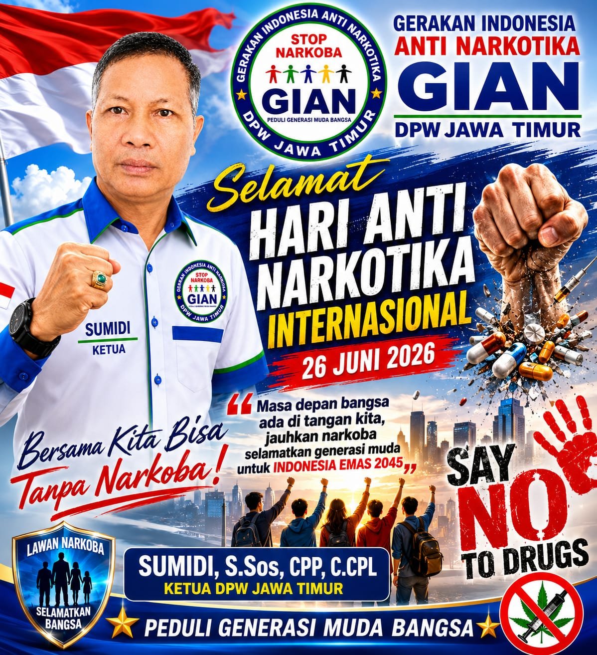 Dari Mojokerto untuk Indonesia: Ketua DPW GIAN Jatim Sumidi Kobarkan Gerakan Bersama Melawan Narkoba demi Lindungi Generasi Emas 2045