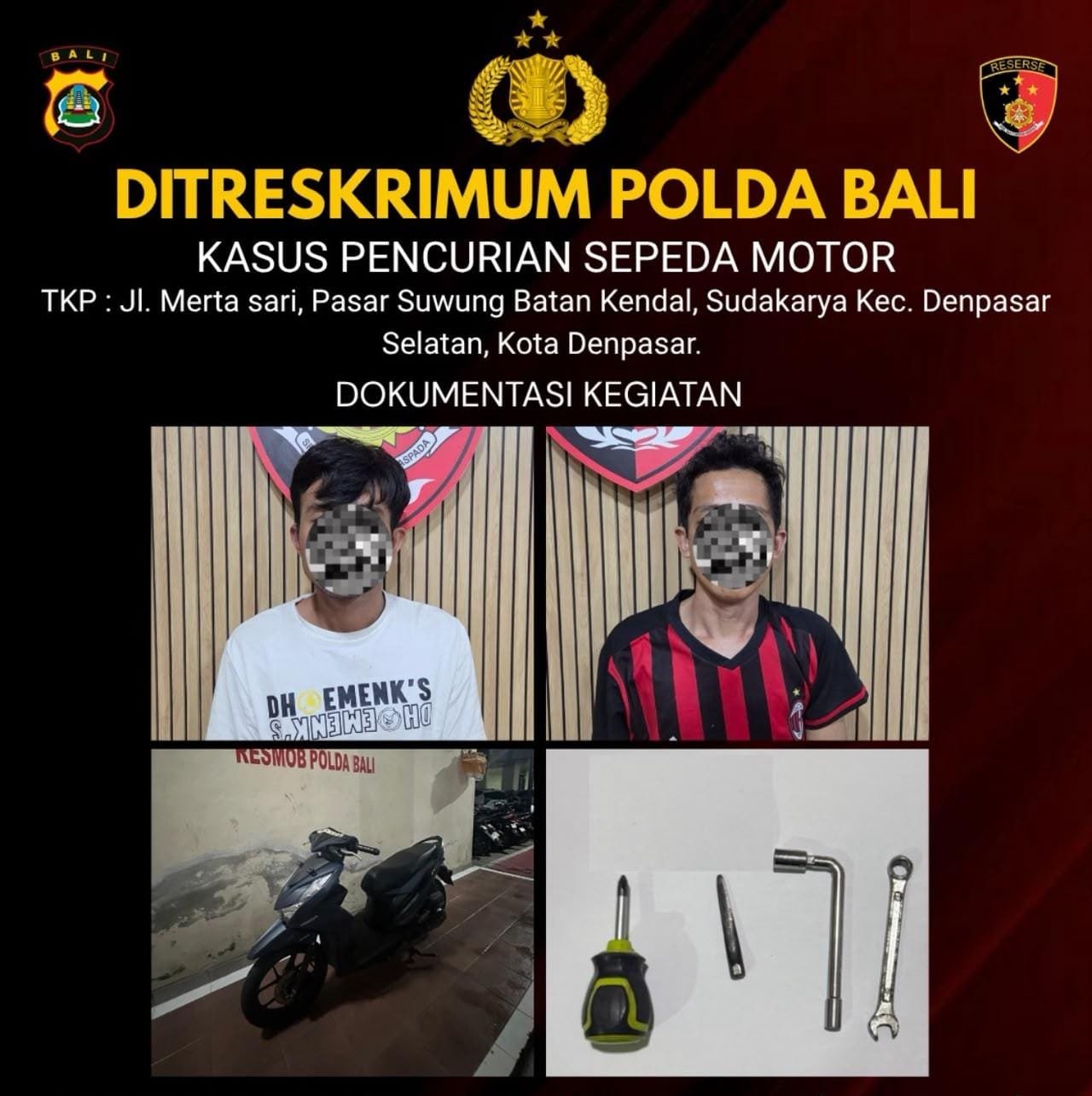 Ungkap Curanmor di Area Pasar Suwung, Polda Bali Amankan Dua Residivis Beserta Barang Bukti