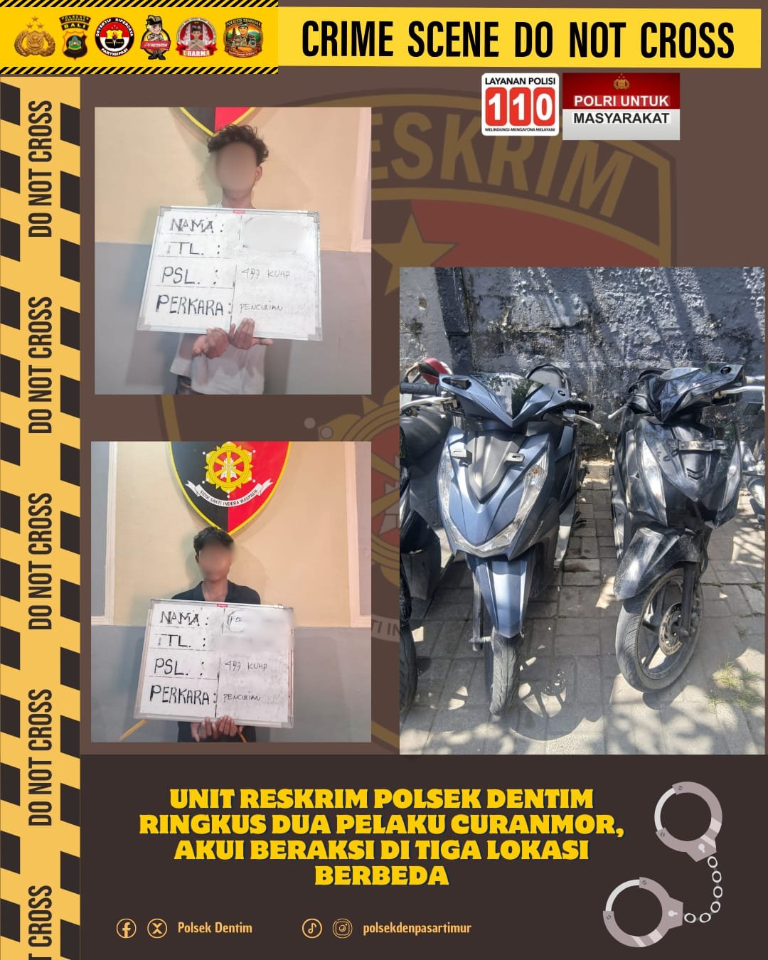 Unit Reskrim Polsek Dentim Ringkus Dua Pelaku Curanmor, Akui Beraksi di Tiga Lokasi Berbeda