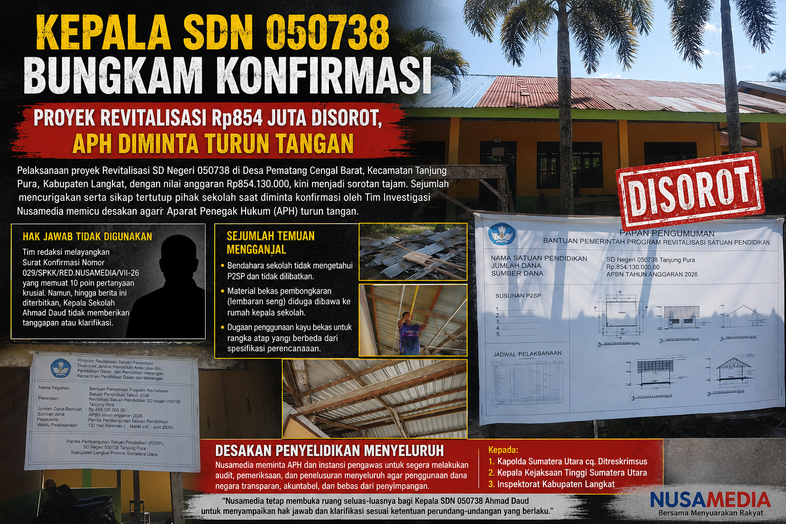 Kepala SDN 050738 Bungkam Konfirmasi, Proyek Revitalisasi Rp854 Juta Disorot, APH Diminta Turun Tangan