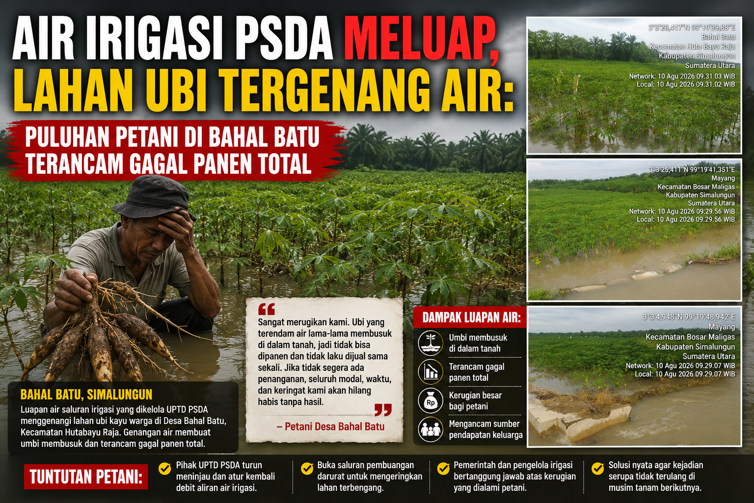 AIR IRIGASI PSDA MELUAP, LAHAN UBI TERGENANG AIR: PULUHAN PETANI DI BAHAL BATU TERANCAM GAGAL PANEN TOTAL