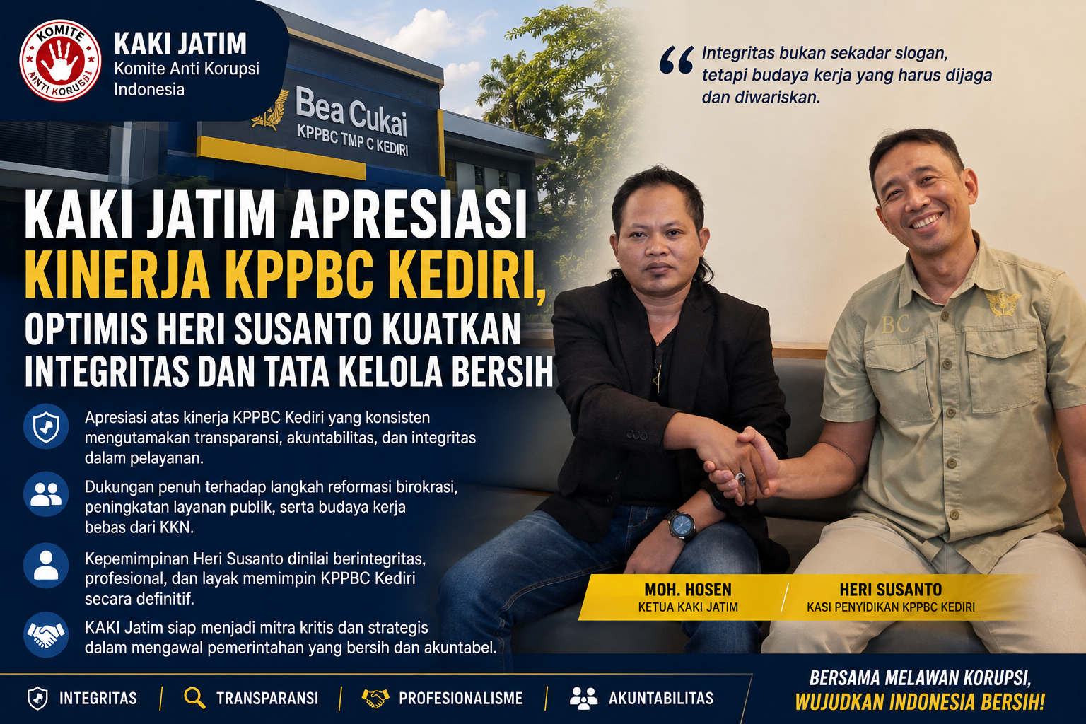 KAKI Jatim Apresiasi Kinerja KPPBC Kediri, Optimis Heri Susanto Kuatkan Integritas dan Tata Kelola Bersih