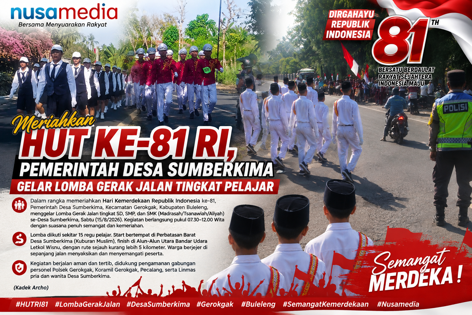 Meriahkan HUT ke-81 RI, Pemerintah Desa Sumberkima Gelar Lomba Gerak Jalan Tingkat Pelajar