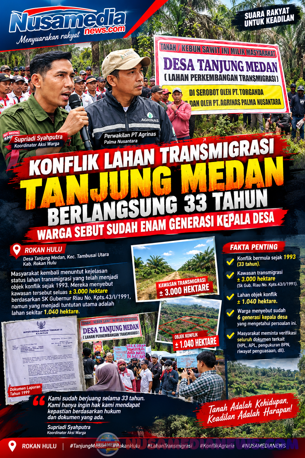 Konflik Lahan Transmigrasi Tanjung Medan Berlangsung 33 Tahun, Warga Sebut Sudah Enam Generasi Kepala Desa
