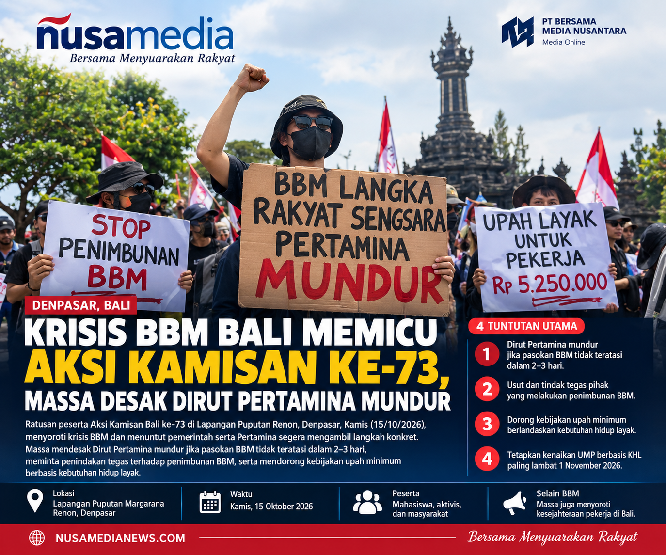 KRISIS BBM BALI MEMICU AKSI KAMISAN KE-73, MASSA DESAK DIRUT PERTAMINA MUNDUR